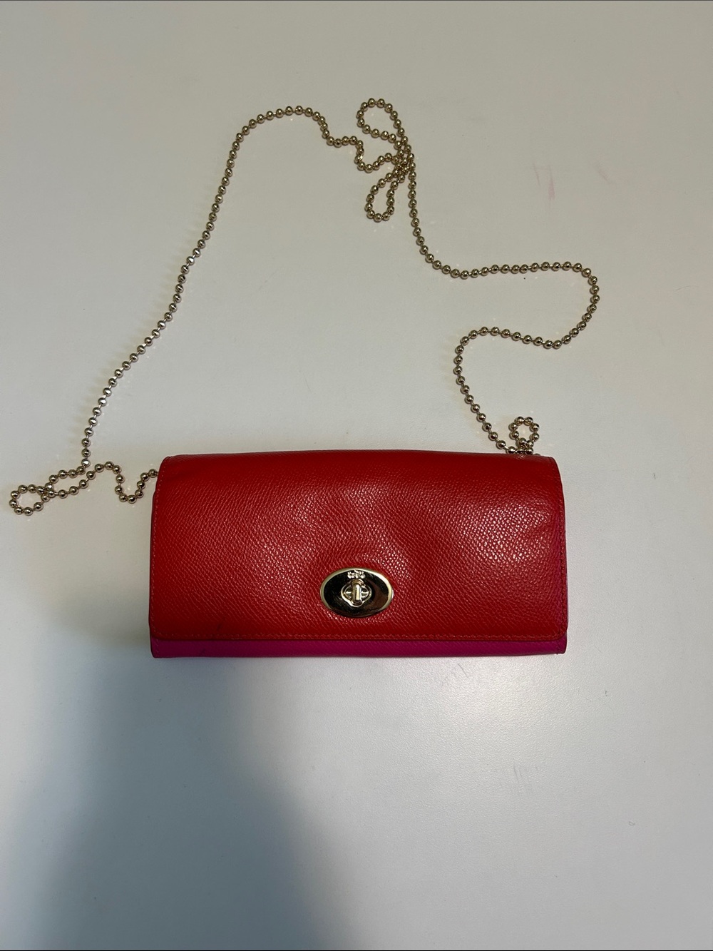Coach Two Tone Red and Hot Pink Crossbody Purse with Gold Accent Chan Strap